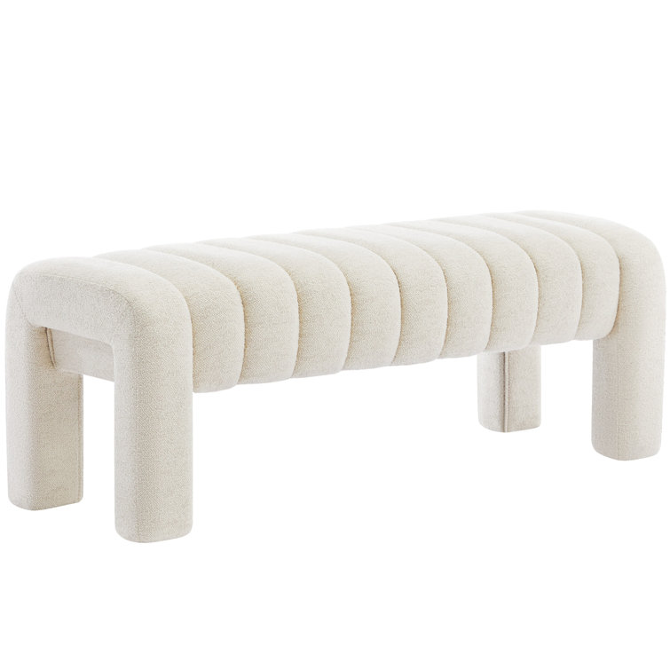 Beige Linen Upholstered Bedroom Bench with Solid Wood Legs