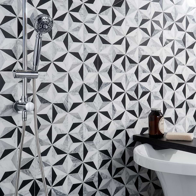 Phantom Black and White Geometric Marble Mosaic Tile