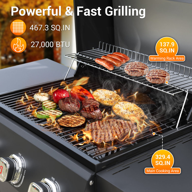 Black Stainless Steel 3-Burner Propane Gas Grill with Built-In Thermometer