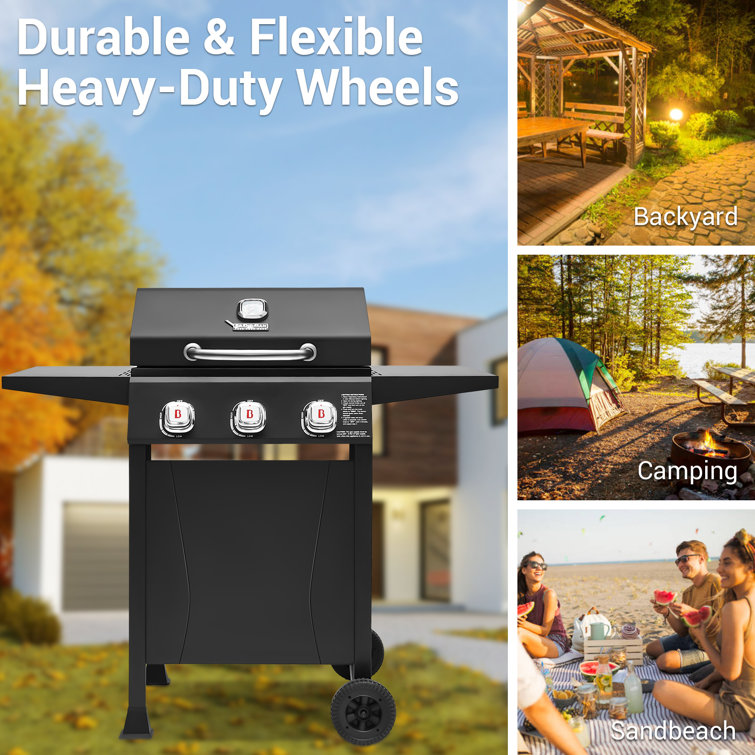 Black Stainless Steel 3-Burner Propane Gas Grill with Built-In Thermometer