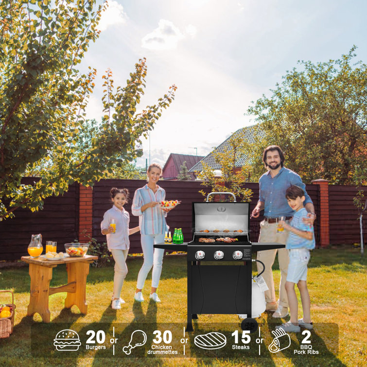 Black Stainless Steel 3-Burner Propane Gas Grill with Built-In Thermometer