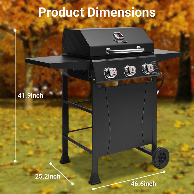 Black Stainless Steel 3-Burner Propane Gas Grill with Built-In Thermometer