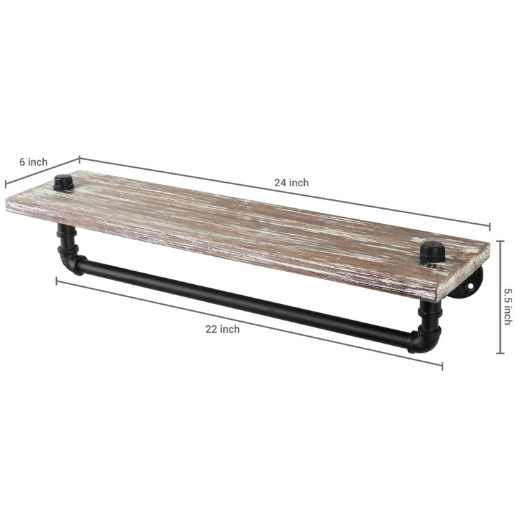 Rustic Torched Wood Wall Shelf with Black Metal Towel Bar