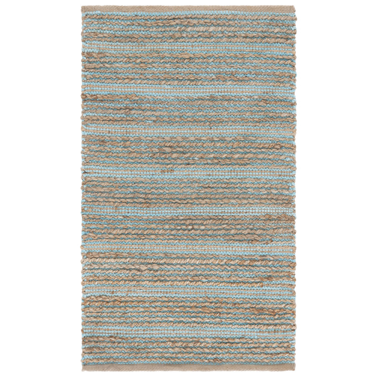 Handmade Rectangular Blue and Beige Cotton Stripe Rug