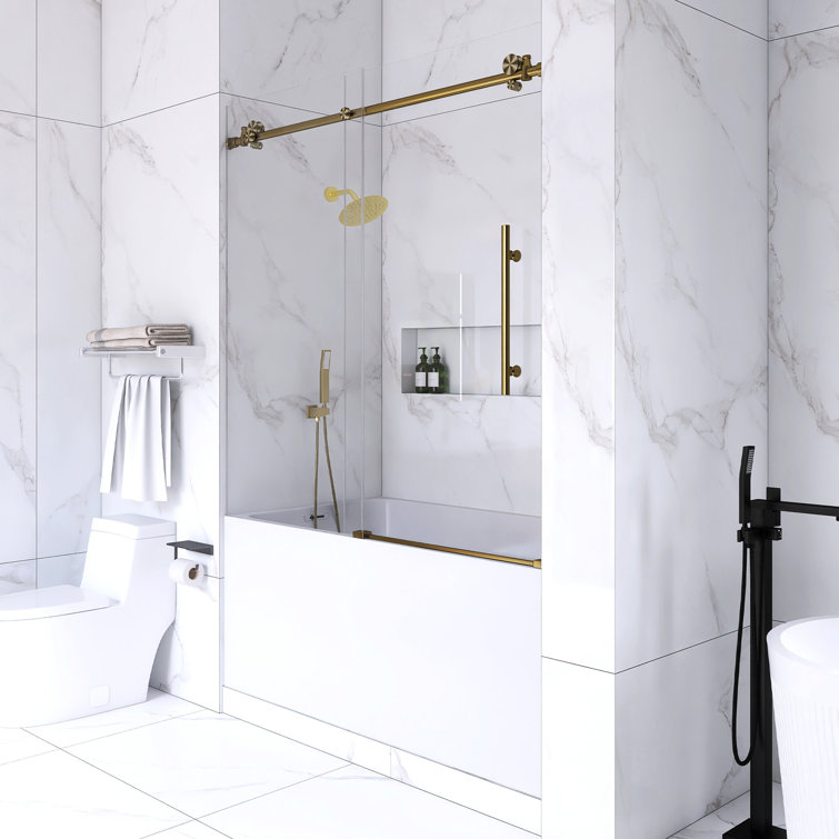 60-Inch Gold Frameless Sliding Shower Door with Clear Glass