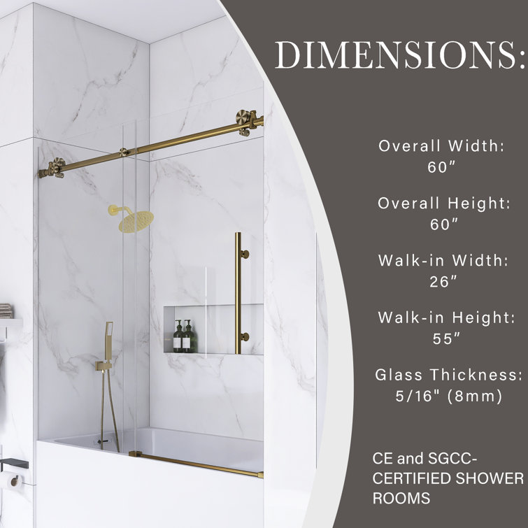 60-Inch Gold Frameless Sliding Shower Door with Clear Glass