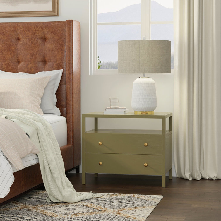Olive Green Solid Wood 2-Drawer Nightstand with Brass Handles