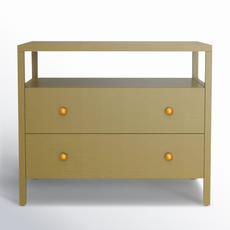 Olive Green Solid Wood 2-Drawer Nightstand with Brass Handles