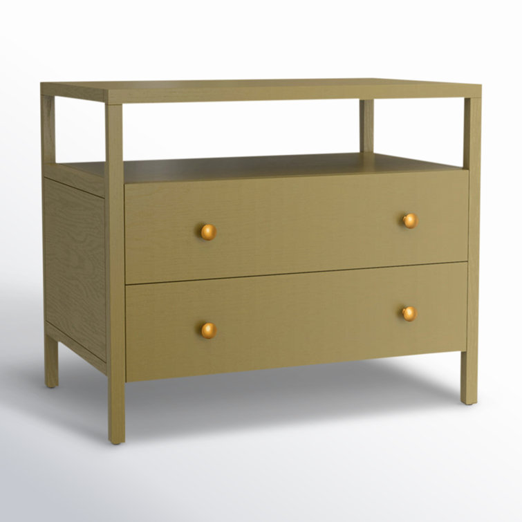 Olive Green Solid Wood 2-Drawer Nightstand with Brass Handles