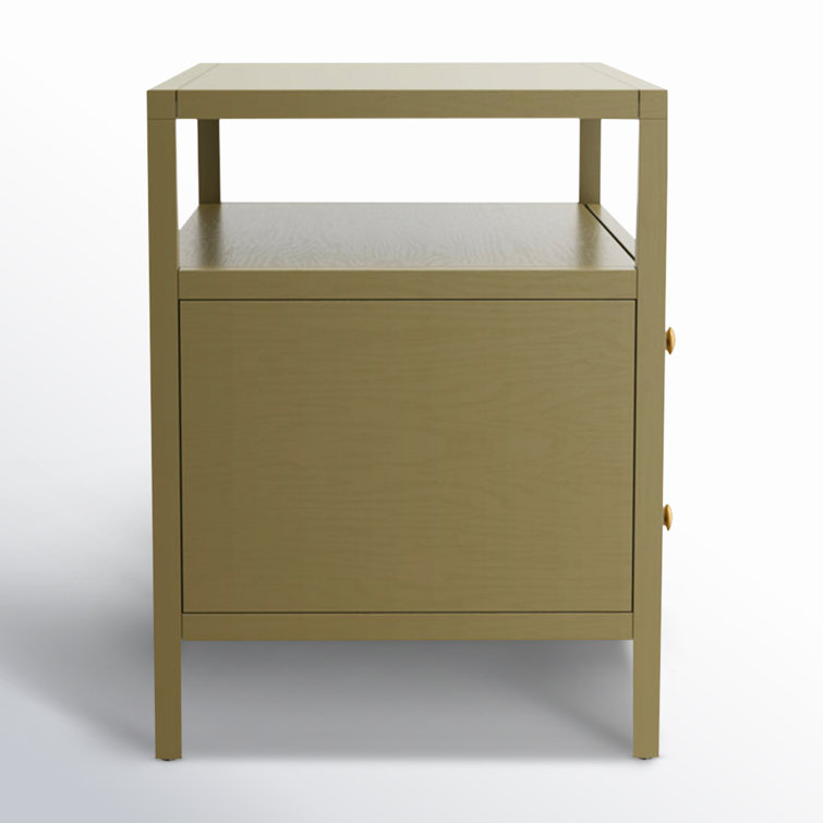 Olive Green Solid Wood 2-Drawer Nightstand with Brass Handles