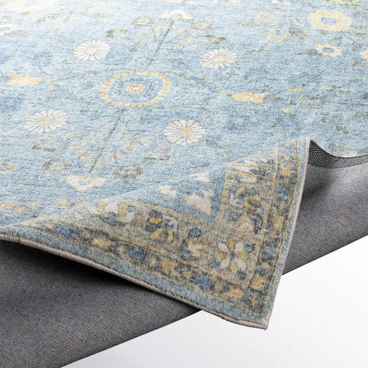 Blue Rectangular Oriental Synthetic Easy Care Rug