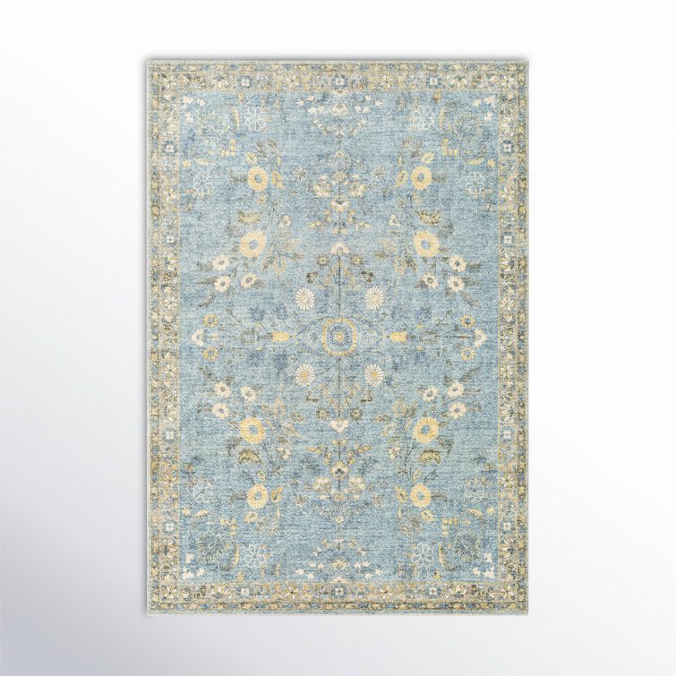 Blue Rectangular Oriental Synthetic Easy Care Rug