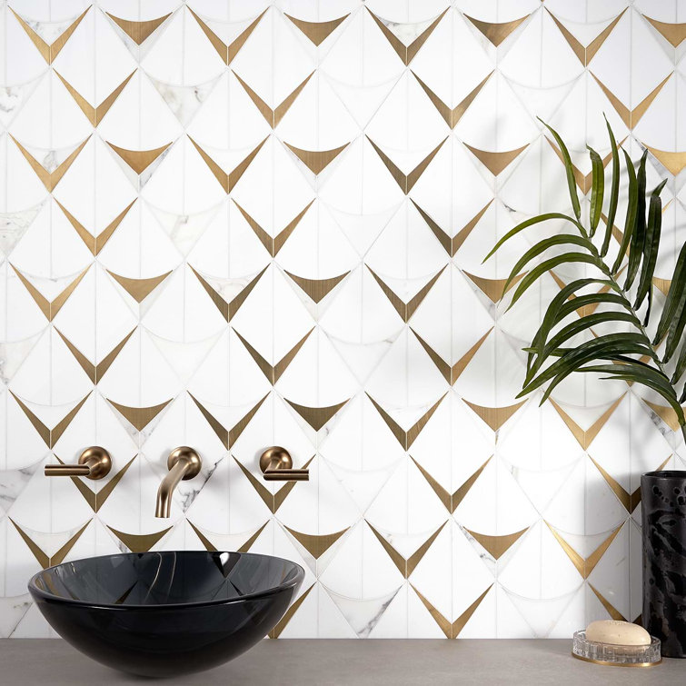 Larvotto White and Brass Polished Marble Mosaic Wall Tile