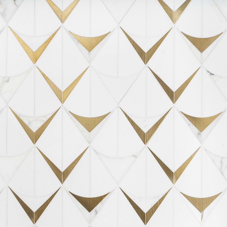 Larvotto White and Brass Polished Marble Mosaic Wall Tile