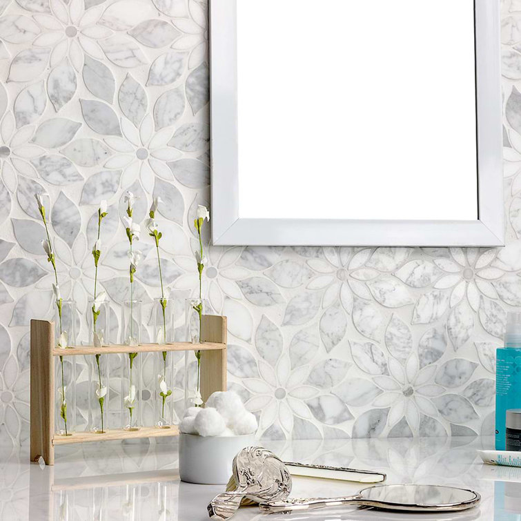 Thistle White Polished Marble Waterjet Mosaic Tile Sheet