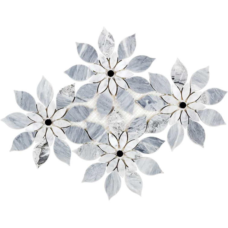 Thistle Blue Marble Flower Mosaic Tile Sheet
