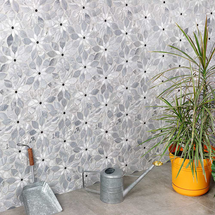 Thistle Blue Marble Flower Mosaic Tile Sheet