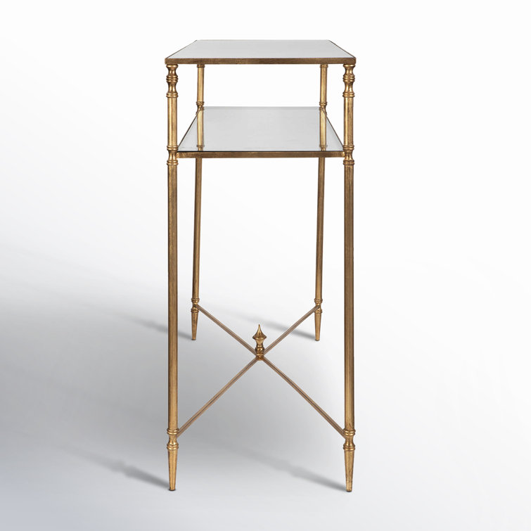 Elegant Gold Leaf Mirrored Console Table with Glass Shelf