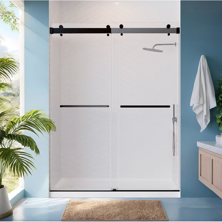 Matte Black Frameless Sliding Shower Door with Tempered Glass