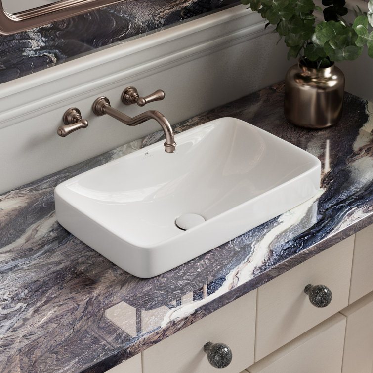 Glossy White Ceramic Rectangular Drop-In Bathroom Sink