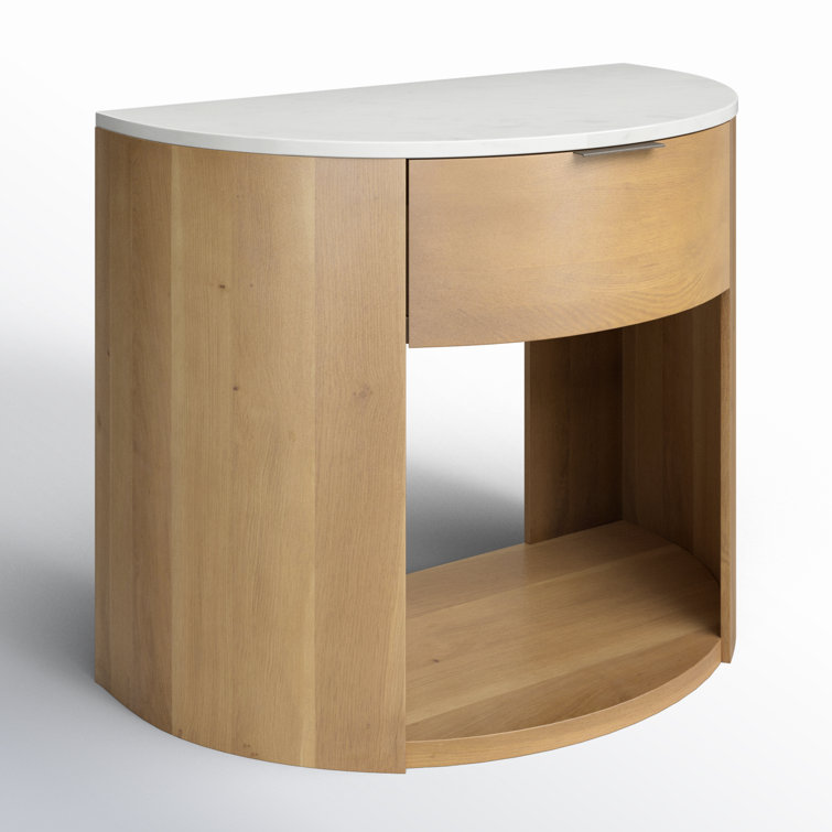 Stella White Marble and Oak Nightstand with Brass Handle