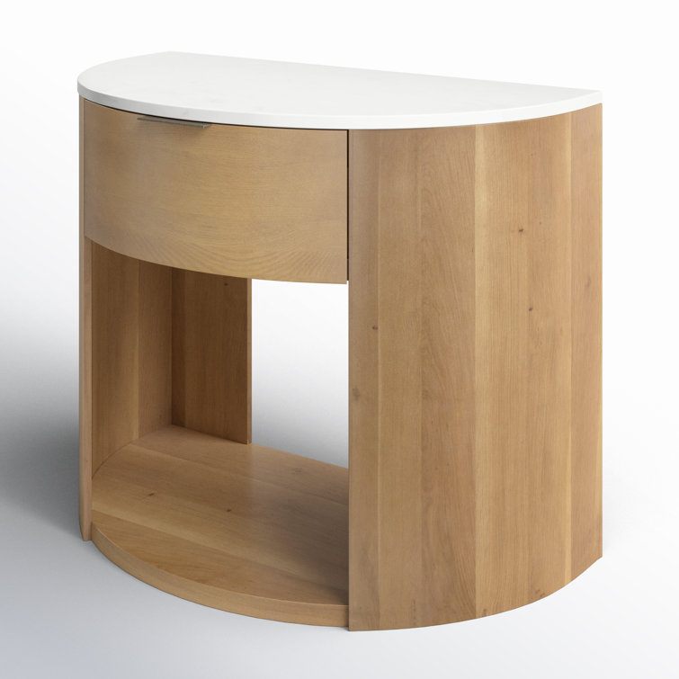 Stella White Marble and Oak Nightstand with Brass Handle