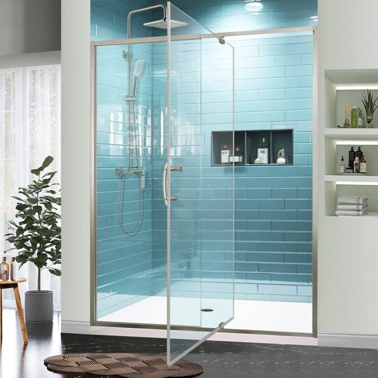 Brushed Nickel Semi-Frameless Pivot Shower Door with Clear Glass