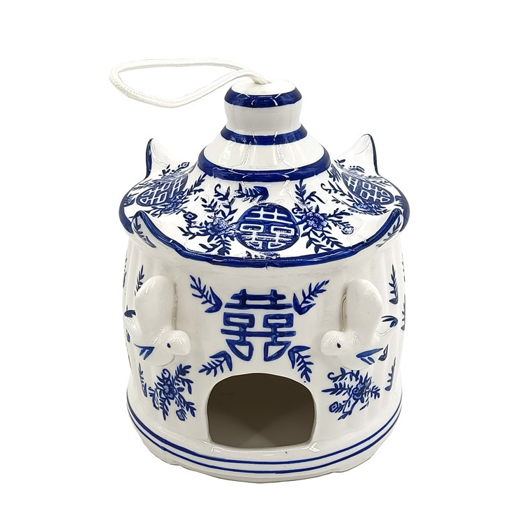 White and Blue Ceramic Pagoda Bird House with Hanging Rope