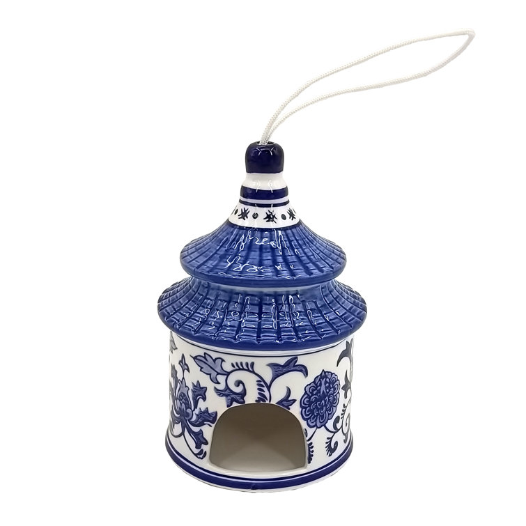 White and Blue Ceramic Chinoiserie Pagoda Bird House