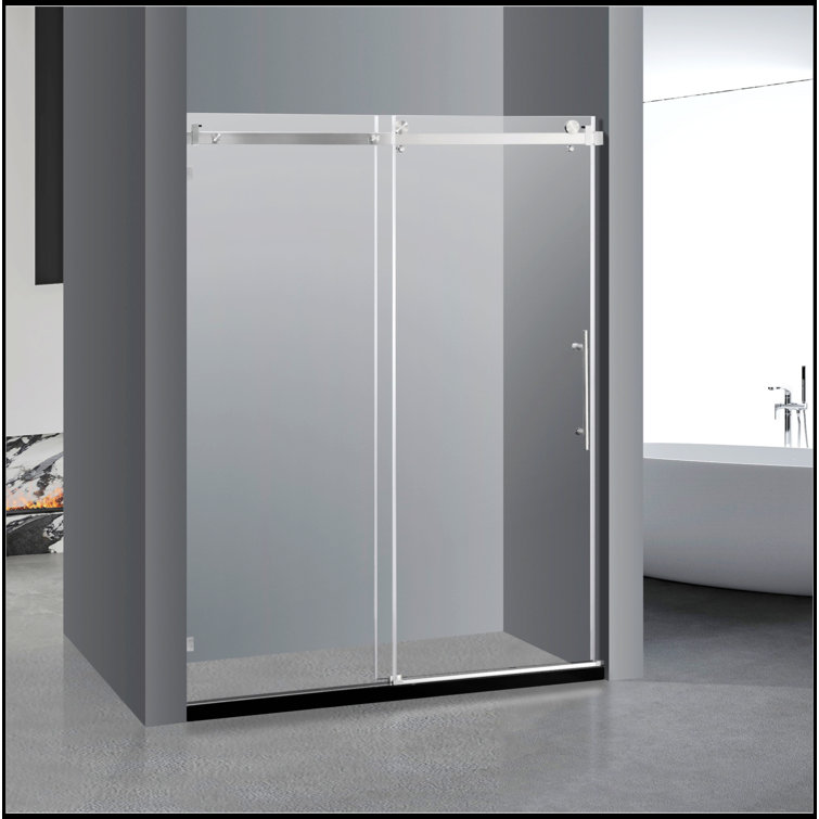 76" Frameless Clear Glass Sliding Shower Door with Brushed Nickel Hardware