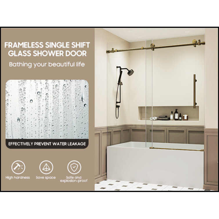 60" Gold Frameless Sliding Tub Door with Clear Tempered Glass