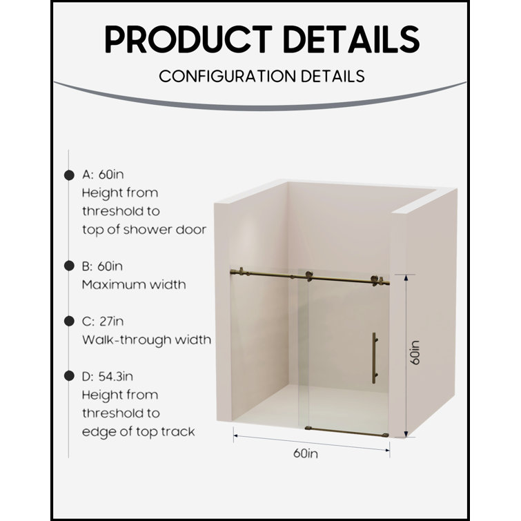 60" Gold Frameless Sliding Tub Door with Clear Tempered Glass