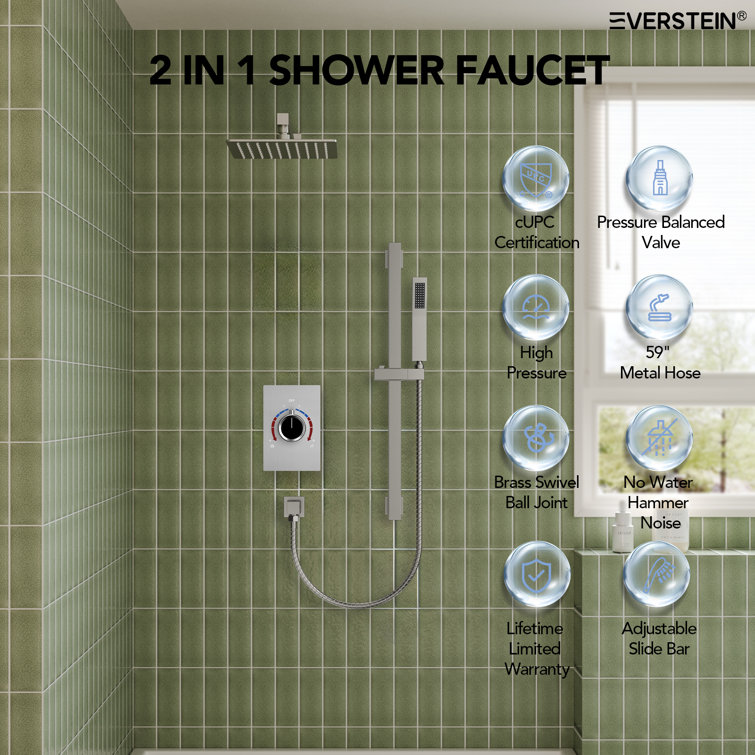 10" Brushed Nickel Adjustable Rainfall Shower System with Handheld