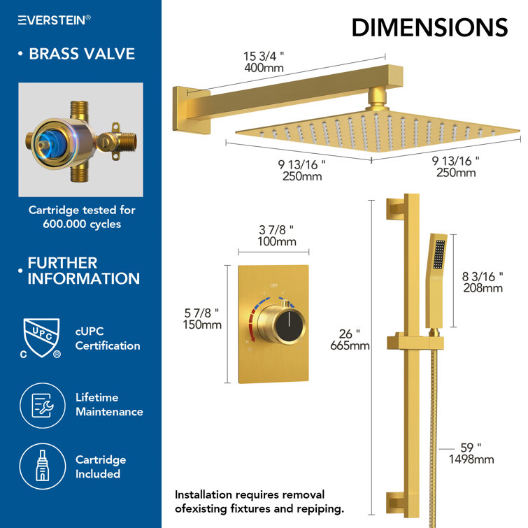 Brushed Gold 10" Rainfall Shower System with Handheld