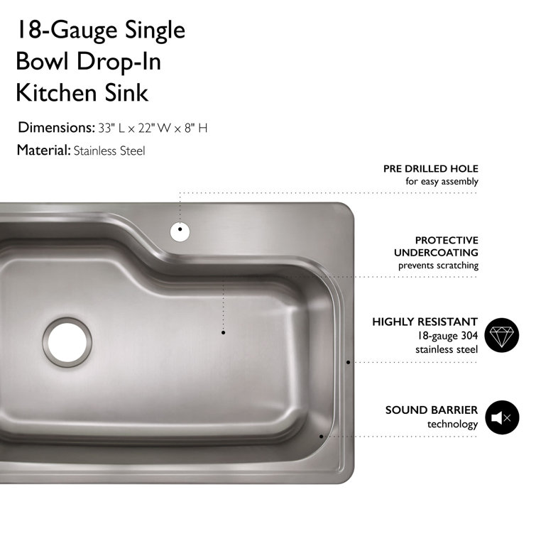 Sleek 33" Stainless Steel Single Bowl Kitchen Sink