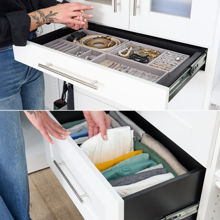 White Modular L-Shaped Walk-In Closet System with Drawers and Shelves