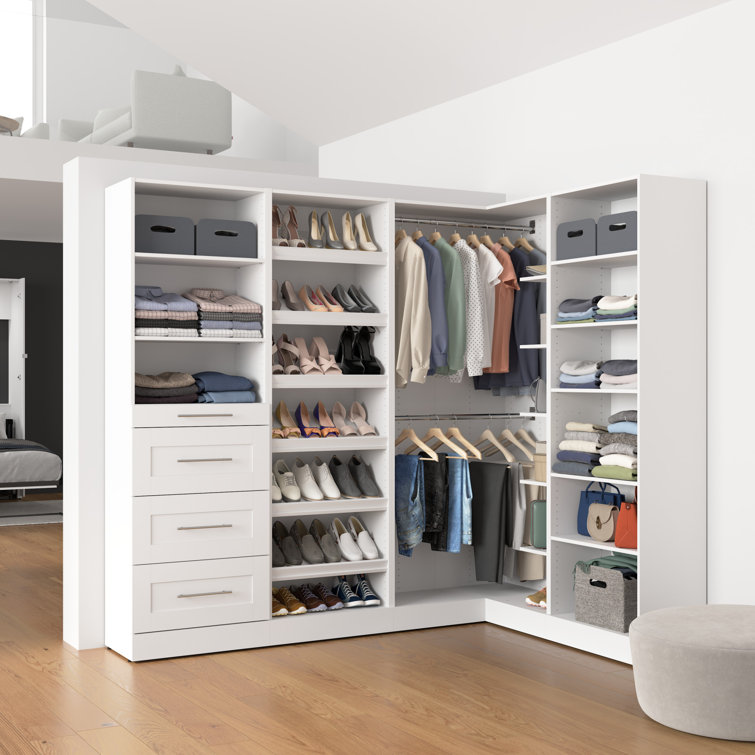 White Modular L-Shaped Walk-In Closet System with Drawers and Shelves