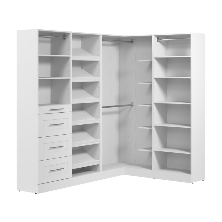 White Modular L-Shaped Walk-In Closet System with Drawers and Shelves