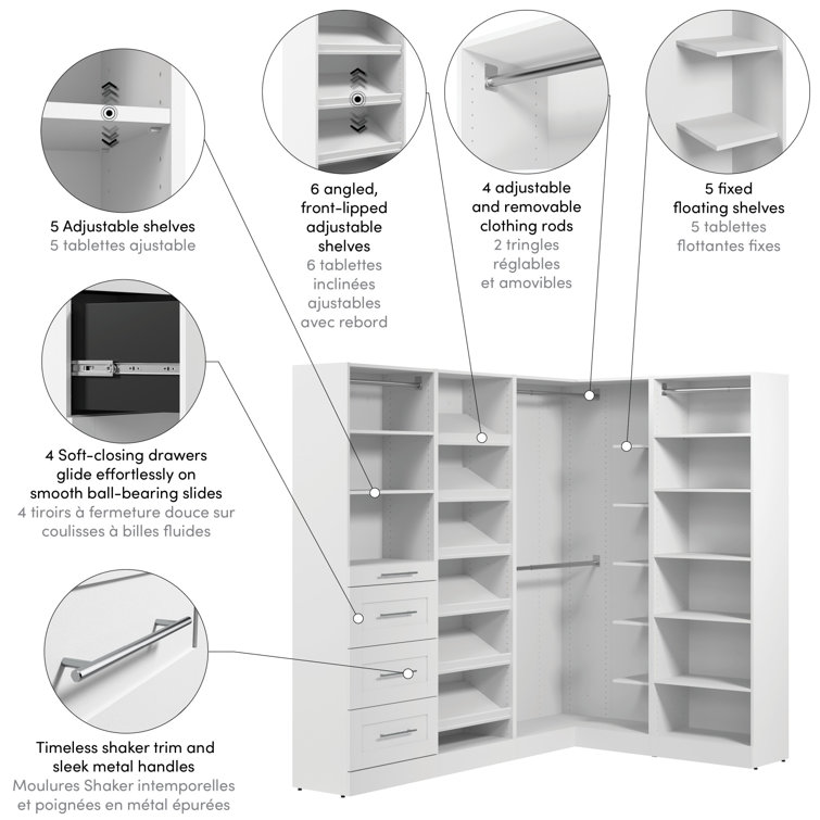 White Modular L-Shaped Walk-In Closet System with Drawers and Shelves