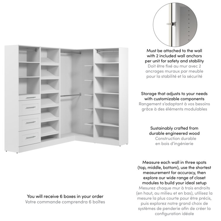 White Modular L-Shaped Walk-In Closet System with Drawers and Shelves
