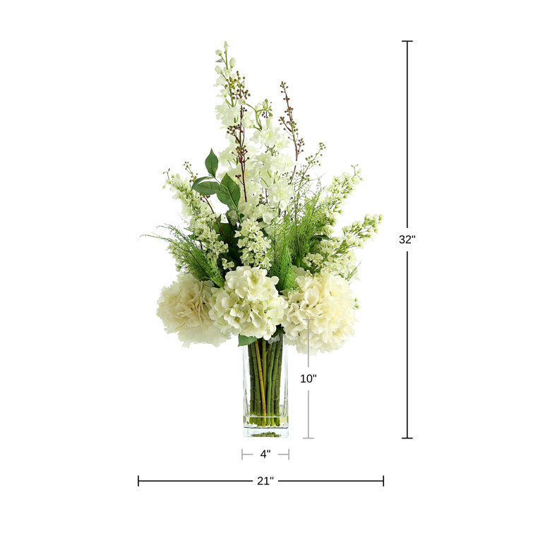 Tall Glass Vase with White Hydrangea and Fern Artificial Floral Arrangement