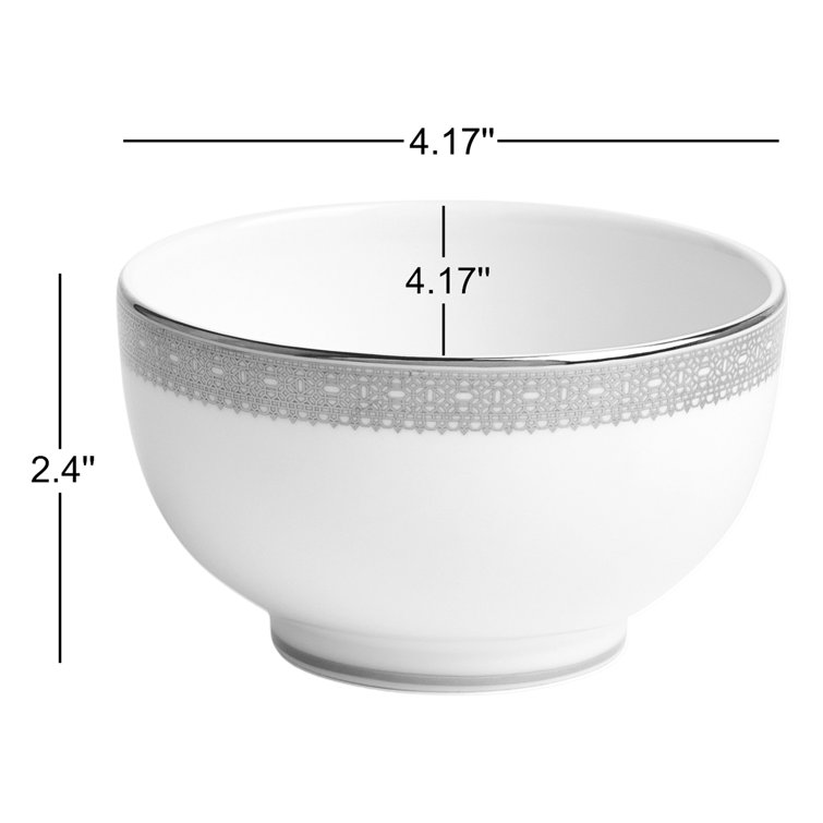 White Ceramic Round Rice Bowl with Platinum Band