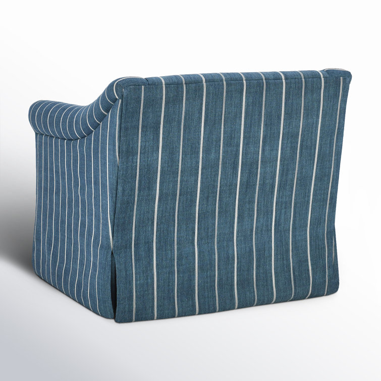 Blue Striped Linen Swivel Accent Chair with Rolled Arms
