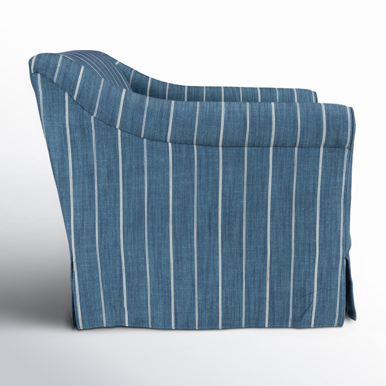 Blue Striped Linen Swivel Accent Chair with Rolled Arms