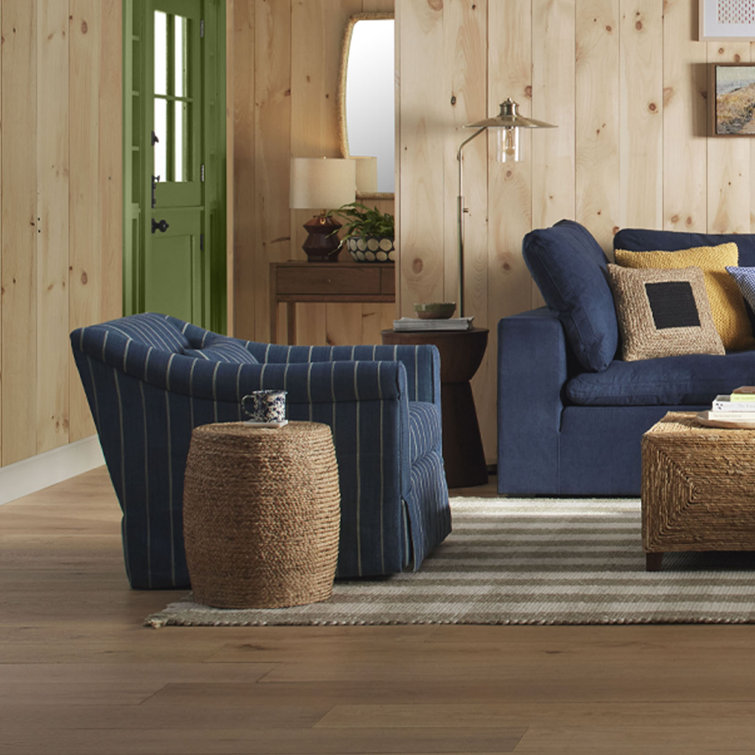 Blue Striped Linen Swivel Accent Chair with Rolled Arms