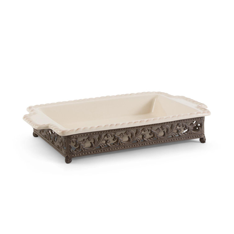 Cream Ceramic Baker with Scrolled Metal Base, 14x9 Inch
