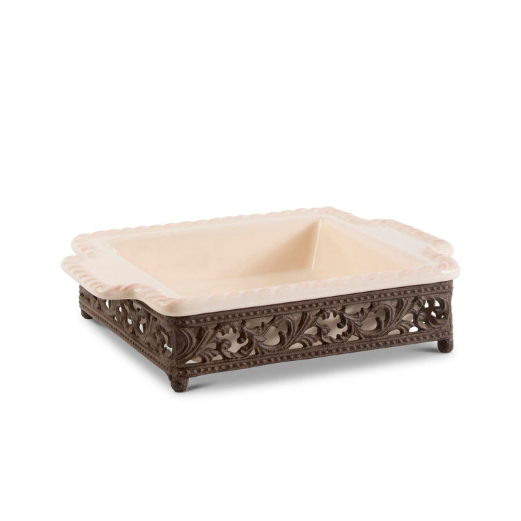 Cream Ceramic Stoneware Baker with Cast Aluminum Base
