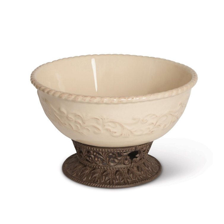 Cream Ceramic 12-Inch Bowl with Acanthus Leaf Metal Base