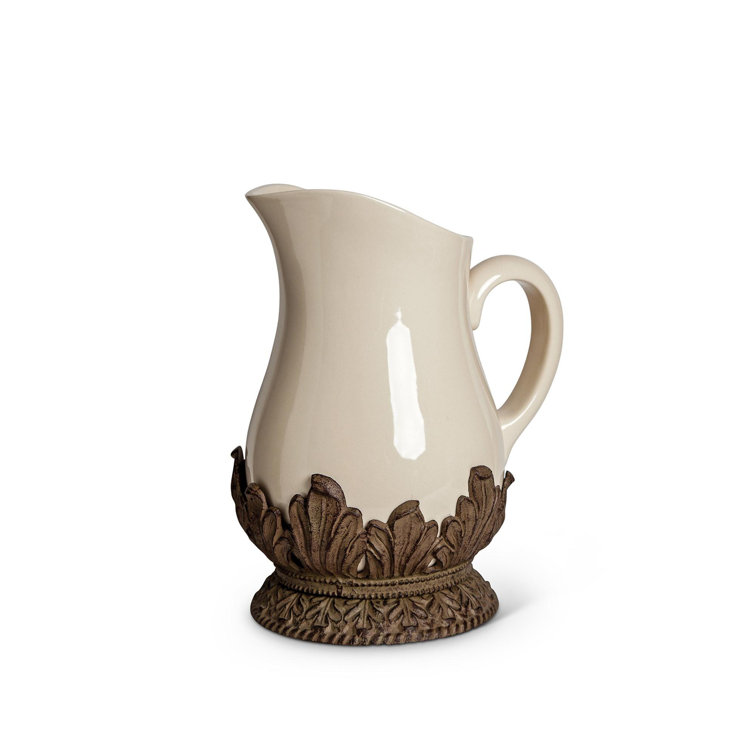 Cream Ceramic Pitcher with Ornate Metal Base, 9.5 Inch