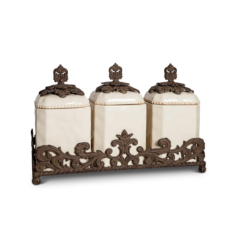 Cream Ceramic 3-Piece Canister Set with Brown Cast Aluminum Base